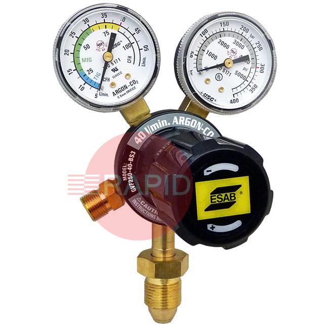 0785-2161  ESAB GCE FE300 Argon/CO2 Regulator Bottom Entry, 0 - 40 l/min, G5/8 Inlet, G3/8 Outlet, UK Fitting Only