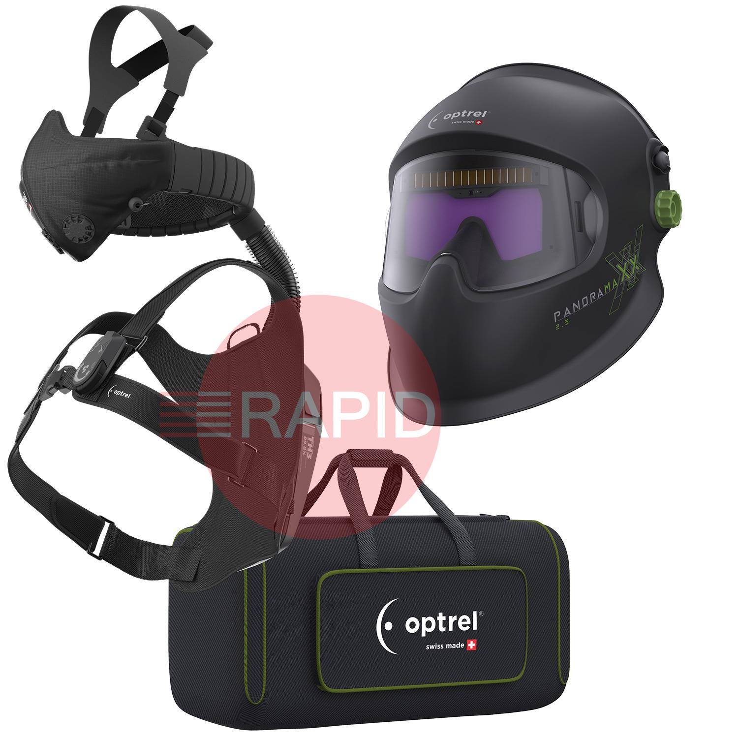 4600.030  Optrel Panoramaxx 2.5 Welding Helmet & Swiss Air PAPR Air Fed Halfmask System, Ready To Weld Package