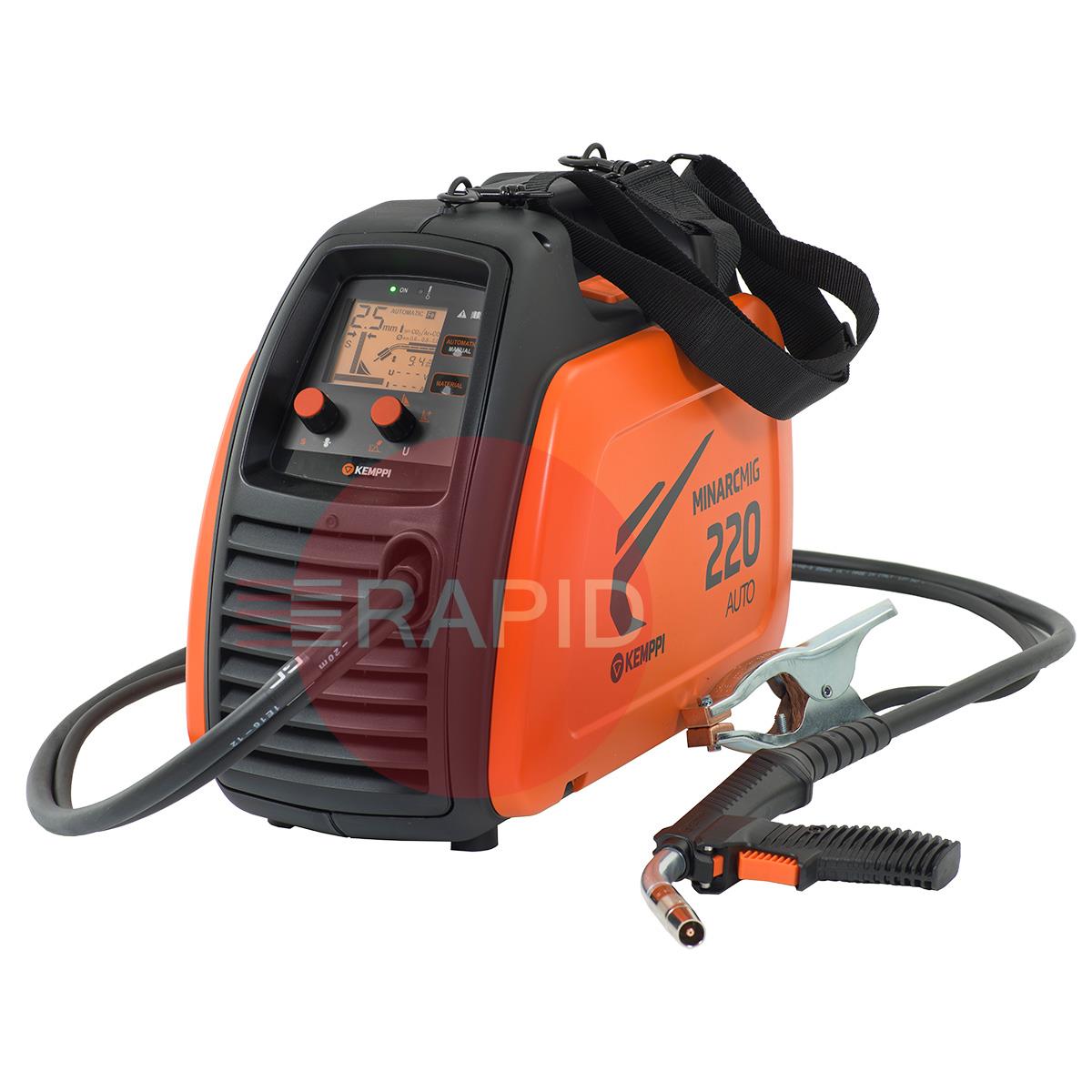 61008220  Kemppi MinarcMig 220 Auto MIG Package, 230v CE. Includes GC 223G MIG Torch, Earth & Gas Hose